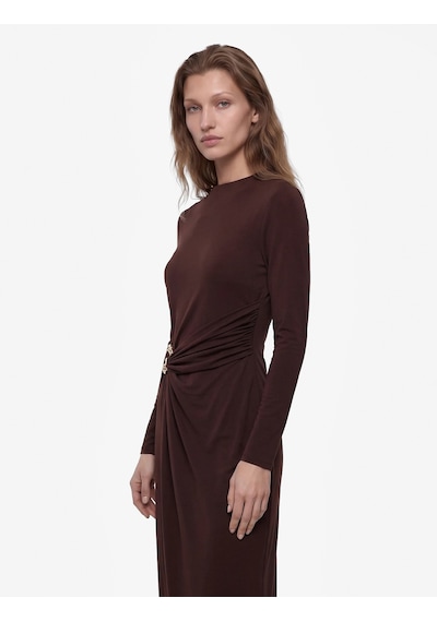 Koton Koton X Sibil Çetinkaya - Uzun Kollu Dik Yaka Metal Aksesuarlı Slim Fit Maxi Elbise Kahverengi 7wak80008fk Kahve