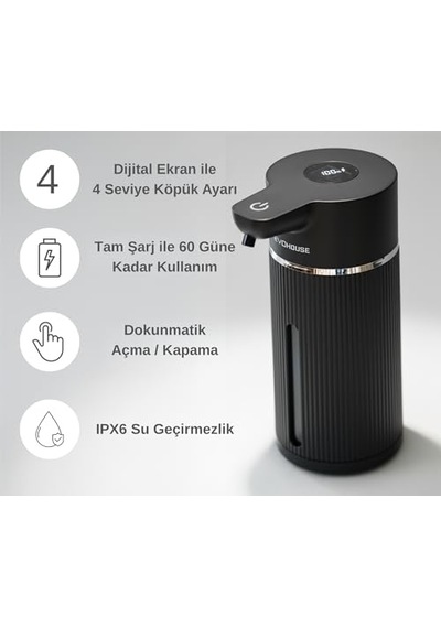 Otomatik Sensörlü Köpük Sıvı Sabunluk - Şarjlı- Dijital Led Ekran - Duvara Monte - E15 Model Siyah 12 Izgara