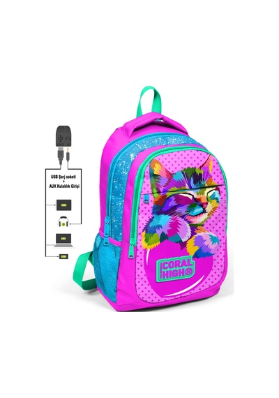 Coral High Kids Pembe Simli Üç Bölmeli Usb Şarjlı Kulaklık Çıkışlı Sırt Çantası
