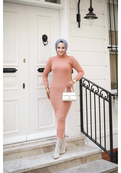 Hira Life Fashion Kadın Elbise Tesettür Giyim Balıkçı Yaka Ve Dar Kesim Triko Kalem Elbise Pudra Pudra Hira Life Fashion Kadın Elbise Tesettür Giyim Balıkçı Yaka Ve Dar Kesim Triko Kalem Elbise Pudra Pudra