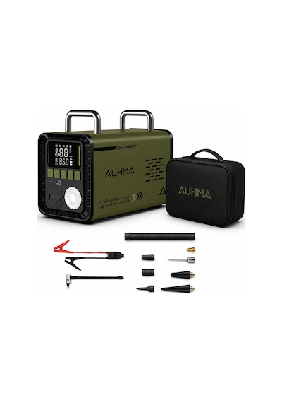 Auhma A8833 Haki 16.000 Mah 5'i 1 Arada Akü Takviye Cihazı Şarjlı Hava Kompresörü Powerbank Vakum Üfleme Dijital Fener