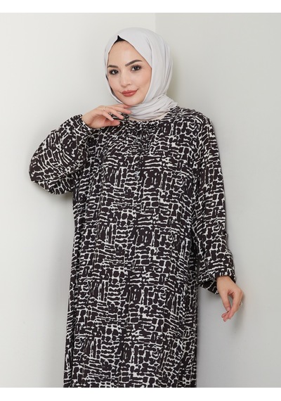 Nevayla Moda Önü Büzgülü Viskon Elbise - Kahverengi / E0130 Kahverengi