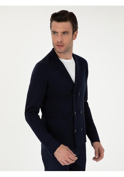 Cacharel Lacivert Slim Fit Yün Karışımlı Kruvaze Triko Hırka
