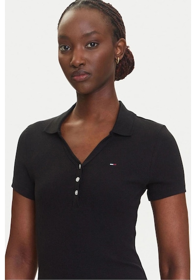 Tommy Hilfiger Kadın Polo Yaka Fit & Flare Kesim Fitilli Elbise - Siyah-8677 Triple Black