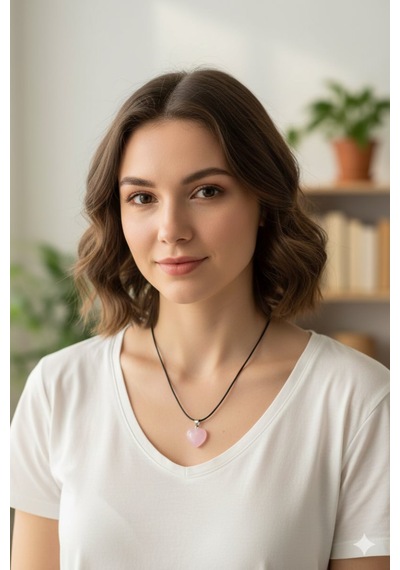 Pembe Kristal Kuvars Taşlı Kalp Kolye - Şeffaf Geçişli Tasarım & Siyah Kordon Ip Pembe