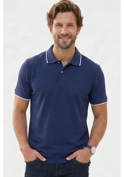 Tudors Erkek Regular Fit Klasik Kesim %100 Pamuk Kısa Kollu Çizgi Detaylı Lacivert Polo Yaka Tişört-50851