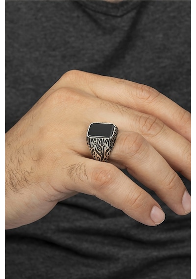 Lale Motifli Oniks Taşlı 925 Ayar Gümüş Erkek Yüzük -8328 Gümüş