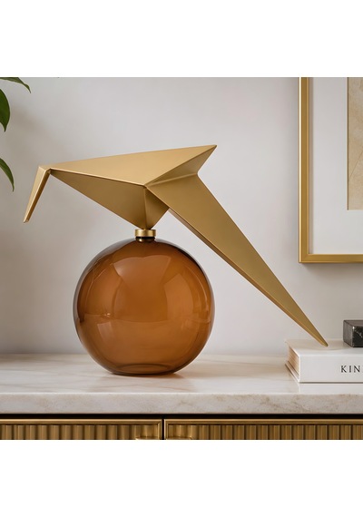 Auren Glide Gold Metal Kuş Figürlü Amber Camlı Dekoratif Biblo