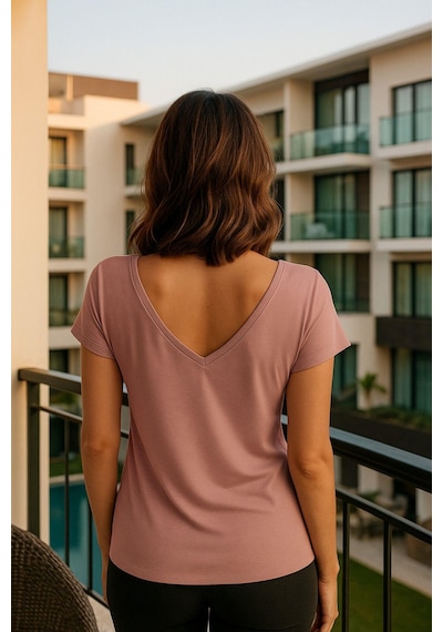 Kadın Pembe Viskon Ön Arka V Yakalı T-shirt Yarasa Kol Relaxed Bluz Çok Renkli Kadın Pembe Viskon Ön Arka V Yakalı T-shirt Yarasa Kol Relaxed Bluz Çok Renkli