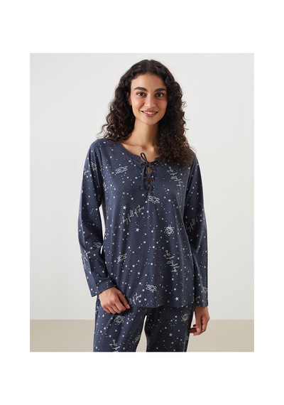 Lcw Dream Lacivert Bağlamalı Yaka Baskılı Kadın Pijama Takımı