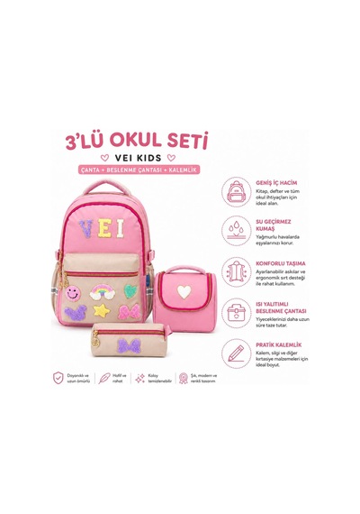 З'lü İlkokul Su Geçirmez Kumaş Çanta Seti Kız Çocuk Sırt Çantası + İçi Folyolu Beslenme Çantası + Kalemlik Pembe Pembe