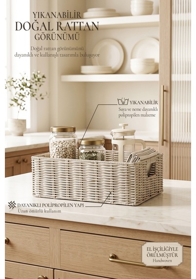 Ocean Home Textile Yıkanabilir Gri Pp Rattan Sepet 39 X 29 X 13 Cm
