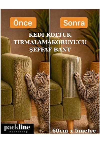 Packline Marketing Kedi Koltuk Tırmalama Koruyucu Şeffaf Yapışkanlı Mobilya Tırmalama Önleyici Bandı 60cm X 5metre