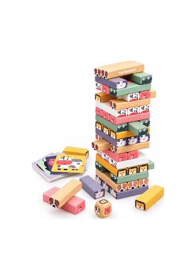 Topbright Wobble Tower Ahşap Denge Kulesi Hayvan Figürlü Eğitici Çocuk Oyunu Kartlı Ve Zarlı