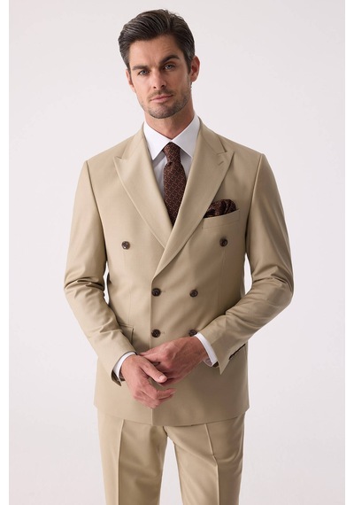 Erkek Bej Slim Fit Yün Kruvaze Takım Elbise