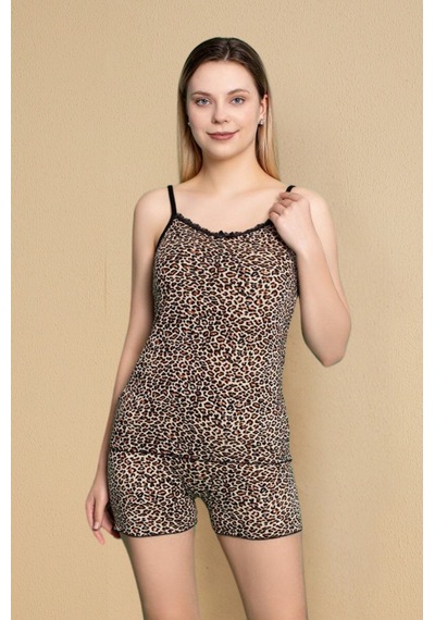 Farya Home Dreamy Dantel Detaylı Leopar Desenli İp Askılı Şortlu Pijama Takımı Leopar