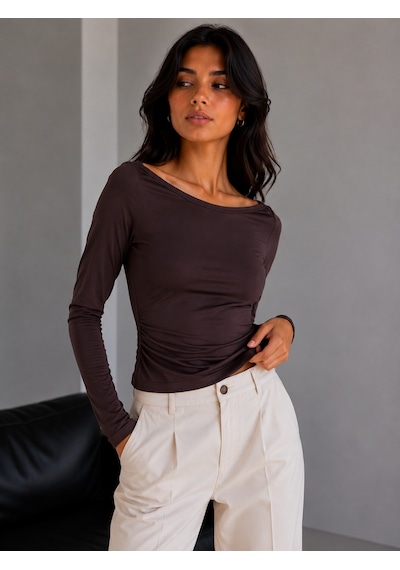 Sortie Collection Geniş Kayık Yaka Uzun Kollu Slim Fit Bluz Kahverengi