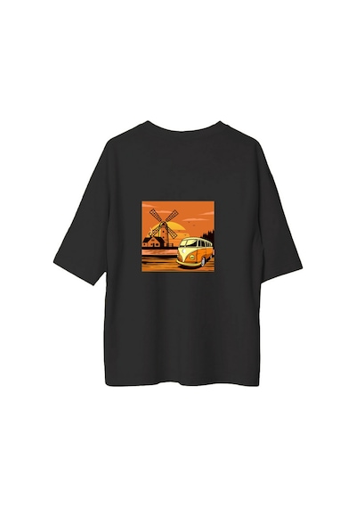 Paybuy Sunset Yolculuğu Vintage Minibüs Tasarımı Baskılı Kadın Oversize Siyah