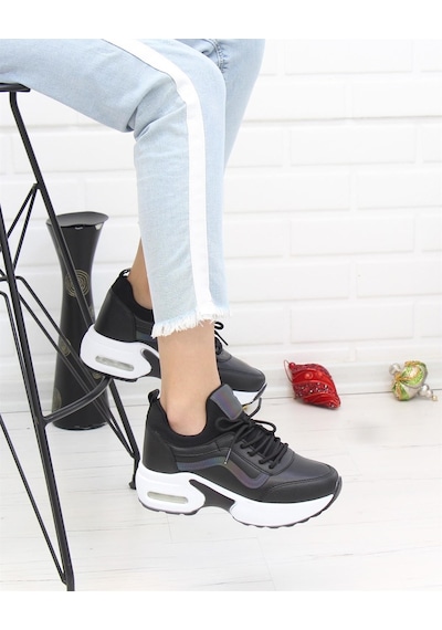 Nesil Shoes Flet 121 Siyah Air Taban Kadın Sneakers Beyaz - Siyah