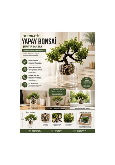 Dekoratif Yapay Bonsai Ağacı Şeffaf Saksılı Taşlı Yapay Bitki Ev Ofis Masa Üstü Dekorasyon Yeşil