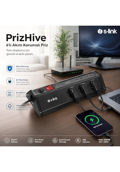 S-link Prz03 Prizhive 3 Metre 630 Joule 3x1.5mm 2xusb 2xtype C 2.4a/5v 250v 16a/3860w 6 Lı Akım Ve Çocuk Korumalı Priz, 16a Sigortalı Yıldırım Korumalı Priz