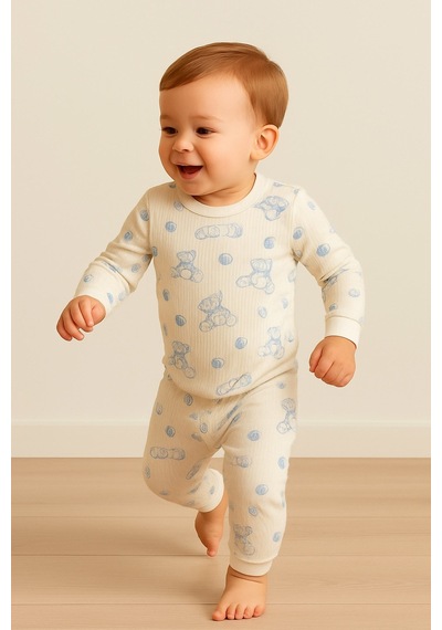 Aden Kids Raporlu Kumaş Desenli Çocuk Pijama Takımı Buz Mavi