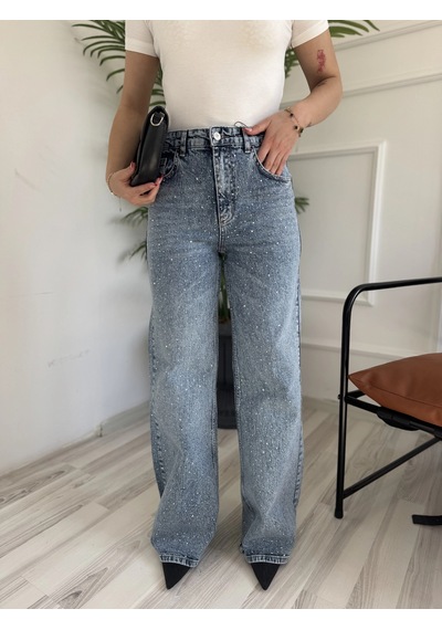 Keymoda Kadın Wide Leg Taşlı Jean Mavi