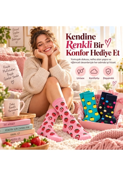 Storeşahin Kadın Ve Erkek Çorap Meyve Desenli Renkli 3'lü Set Uzun Soket Günlük Rahat Çorap Seti Shn0720 Çok  Renkli