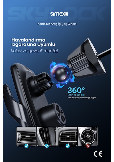 15w Kablosuz Şarjlı Araç İçi Telefon Tutucu Kancalı Araba Havalandırma Standlı Wireless Şarj Cihazı Aleti Diğer