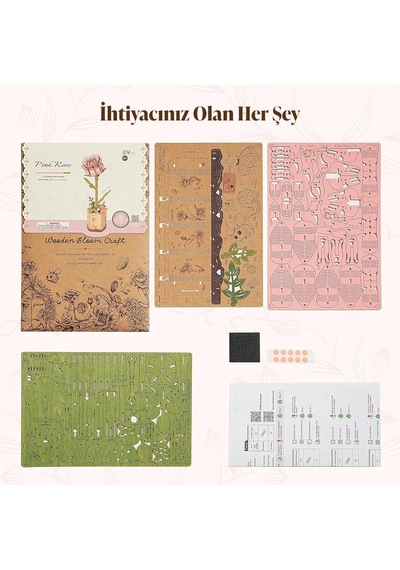 Rowood Tw041 Pembe Gül Pink Rose Dıy Minyatür Maket Model Seti Ahşap 3d Wooden Puzzle 3d Model Kit Ahşap Maket Dekoratif Hobi Seti