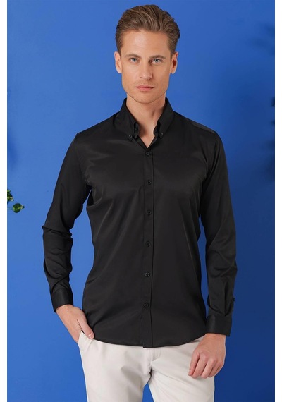 Efor Slim Fit Düğmeli Yaka Uzun Kol Pamuklu Klasik Siyah Gömlek Gk 716 Siyah