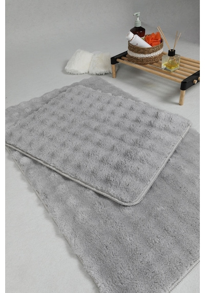 Modern Bubble Yıkanabilir Kaymaz Peluş Banyo Paspası Halısı 2'li Klozet Takımı 50x80-50x40cm Gri