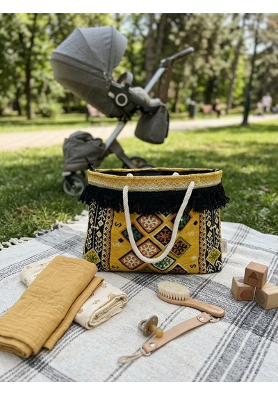 Etnik Desenli Kilim Omuz Ve Plaj Çantası 50x30 Cm Açık Sarı