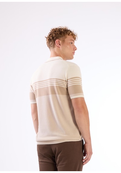 Dufy Bej Çizgili Yatay Desen Erkek Triko - Slim Fit Bej