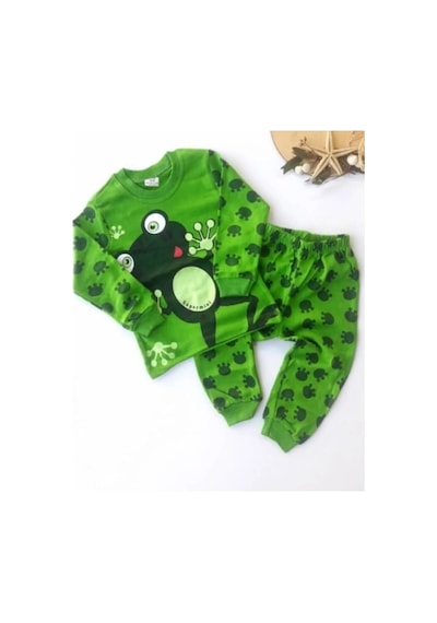Bilge Trend Kurbağa Desenli Erkek Çocuk Pijama Takımı %100 Pamuk Yeşil