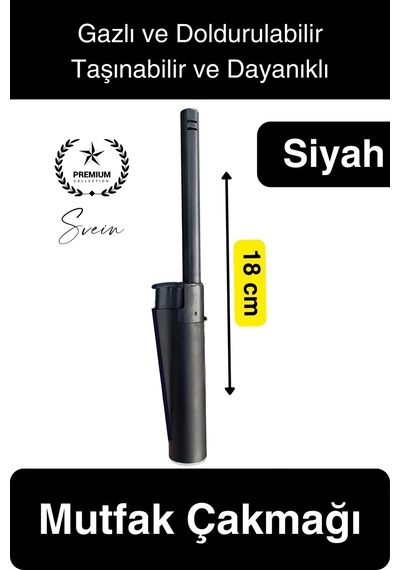 Premium 18 Cm Siyah Basmalı Uzun Mutfak Çakmağı Gazlı Doldurulabilir Mum Mangal Kamp İçin Ateş