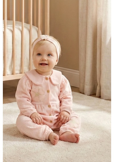Babymod Bebe Yaka Çiçek Motifli 100% Pamuk Bandanalı Kız Bebek Tulum Somon