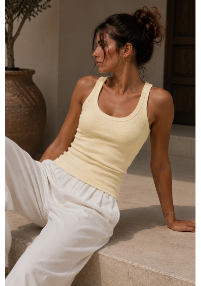Bb Butik Basic Soft Cotton Fitilli Pamuk Basic Atlet Vücuda Oturan Kalıp Md3571 Sarı