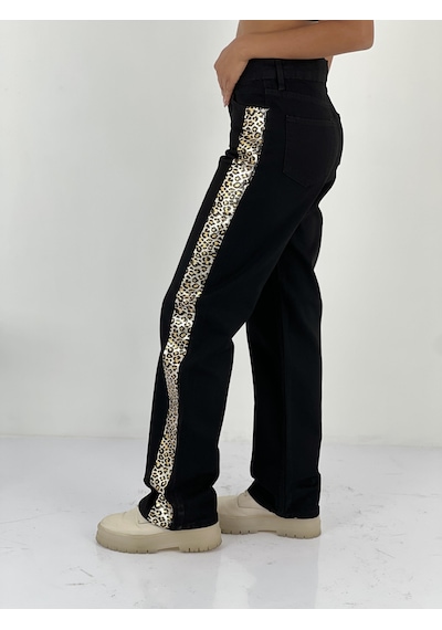 Miss Poem Kadın Yanları Leopar Desenli Denim Siyah Kot Pantolon Siyah