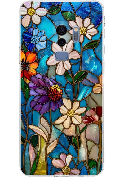 Printify Samsung Galaxy S9 Plus İle Uyumlu Vitray Mavi Bahar Tasarımlı Şeffaf Silikon Kılıf Şeffaf