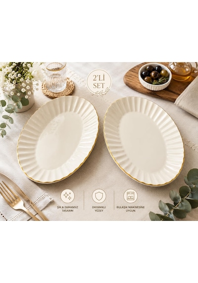 Oval Porselen Tabak Seti, Altın Kenarlı, Krem Rengi, 2'li Salata Meze Tabağı Sofra Şık Sunum Servis Kahvaltılık Atıştırmalık Çerez Seramik İnce Altın Detaylı 32x13 Çok Renkli