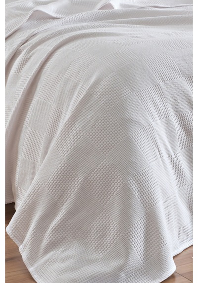 Tek Kişilik %100 Pamuk Pike Örtü 160x230 Cm Karo Desenli Beyaz Weave Serisi Beyaz