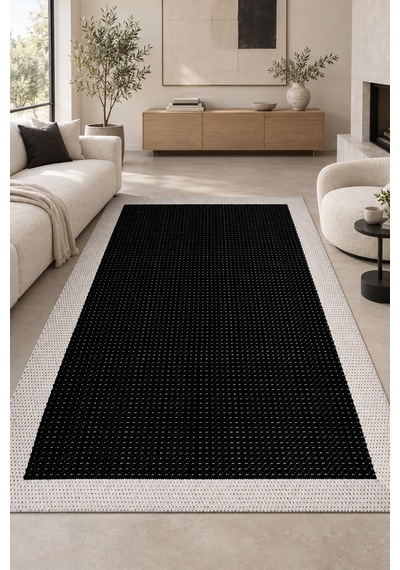 Kesit Siyah Ekru Sisal Görünümlü Modern Polyester Halı, Robot Süpürge Uyumlu Mutfak Oturma Odası Koridor Halısı Siyah/Ekru