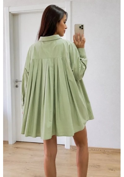 DefyModa Oversize Pens Detaylı Cepli Yırtmaçlı Rahat Kalıp Poplin Gömlek - Yeşil