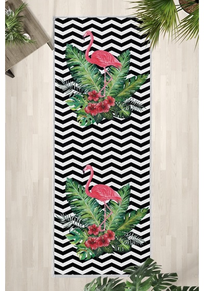 Zigzag Flamingo2 Göbek Beyaz Yıkanabilir Mutfak Halısı