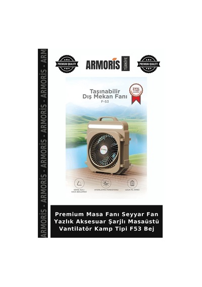 Premium Masa Fanı Seyyar Fan Yazlık Aksesuar Şarjlı Masaüstü Vantilatör Kamp Tipi F53 Bej