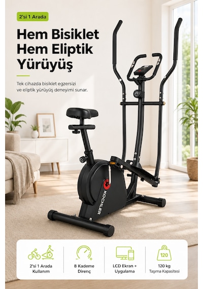 Flex 2'si 1 Arada Eliptik Kondisyon Bisikleti Nabız Ölçerli 8 Kademeli Dirençli Egzersiz Aleti Siyah