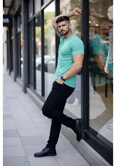 Butik İstanbul Erkek T-shirt Bisiklet Yaka Slim Fit Dar Kesim Likralı Tişört Günlük Basic Body - Turkuvaz Turkuaz