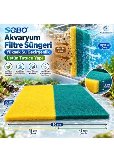 Akvaryum Filtre Süngeri - 90x30x2 Cm - Çift Renk - Yüksek Su Geçirgenlik - Üstün Tutucu Yapı - Yeşil Sarı