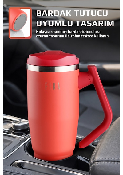 Fika Lumi Patentli Döner Kulplu Sızdırmaz Çelik Termos 1200 Ml - Bej Kırmızı